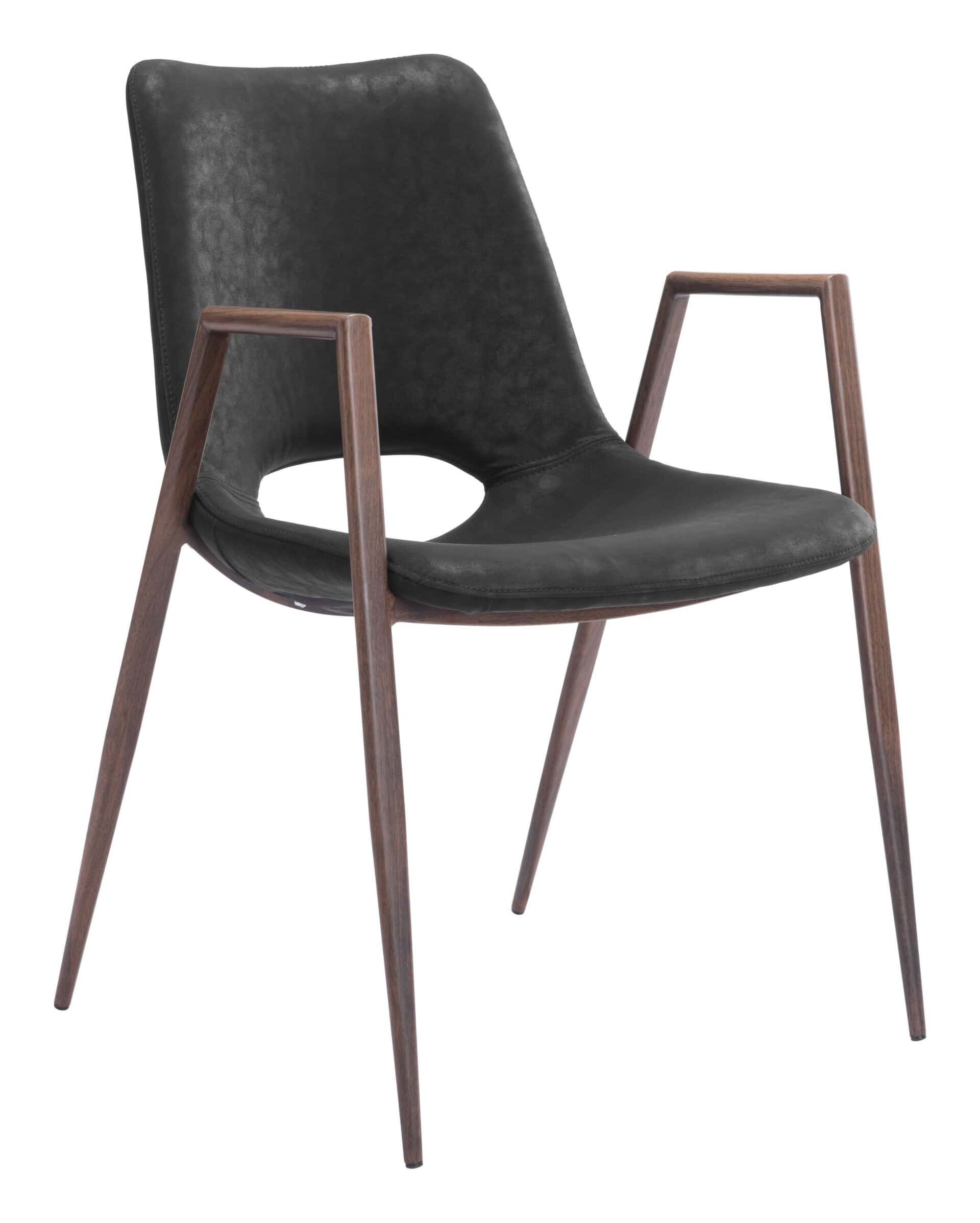 Black Walnut Mid-Century Faux Leather Dining Chairs with Armrests (Set of 2)