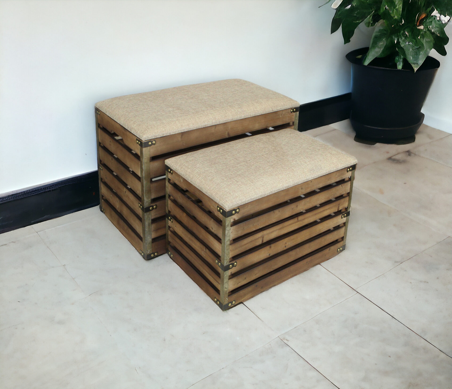 Set of 2 Brown Wood Slat Upholstered Storage Benches 3 Set of 2 Brown Wood Slat Upholstered Storage Benches - Image 3