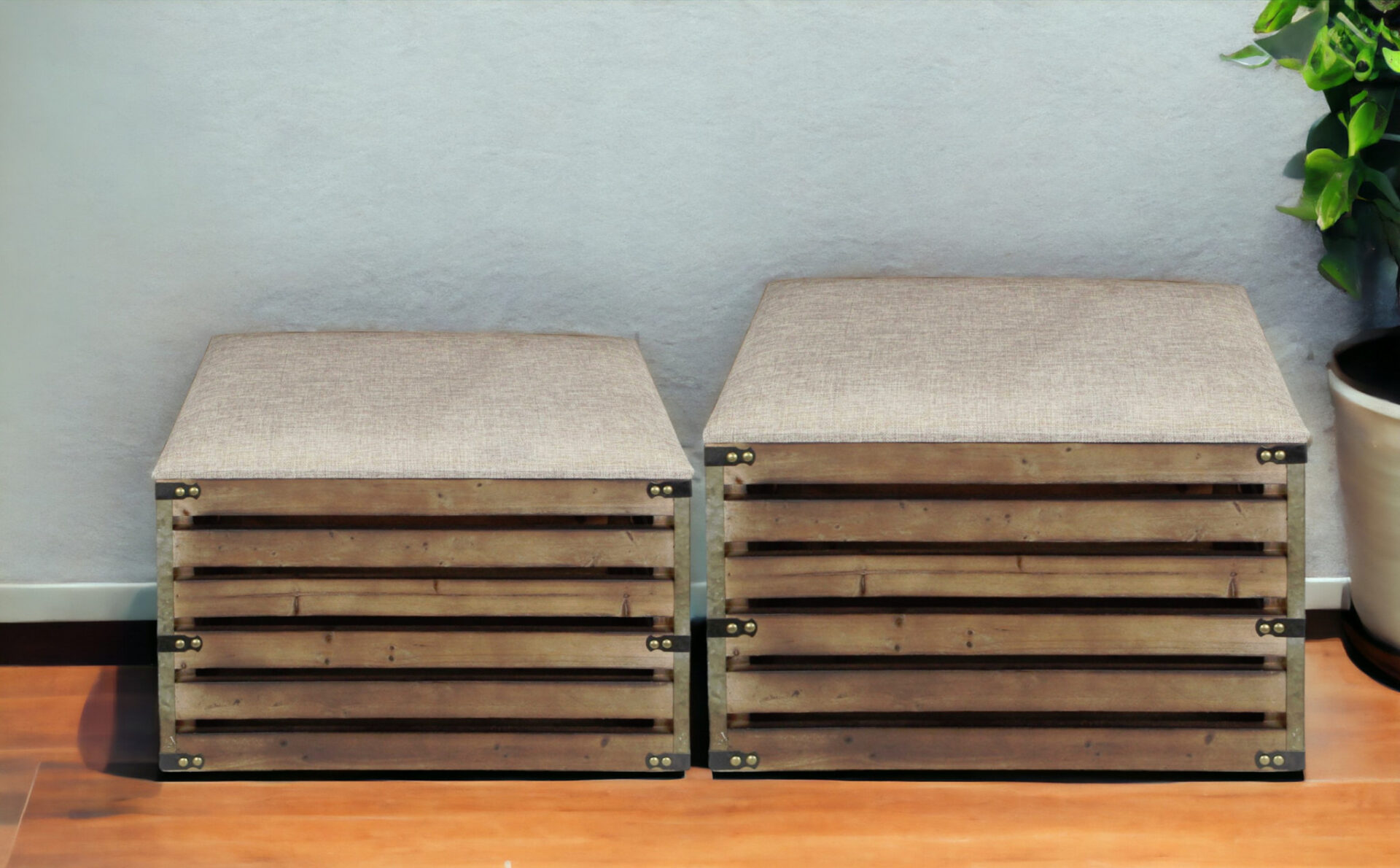 Set of 2 Brown Wood Slat Upholstered Storage Benches 1 Set of 2 Brown Wood Slat Upholstered Storage Benches