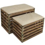 Set of 2 Brown Wood Slat Upholstered Storage Benches 13 Set of 2 Brown Wood Slat Upholstered Storage Benches