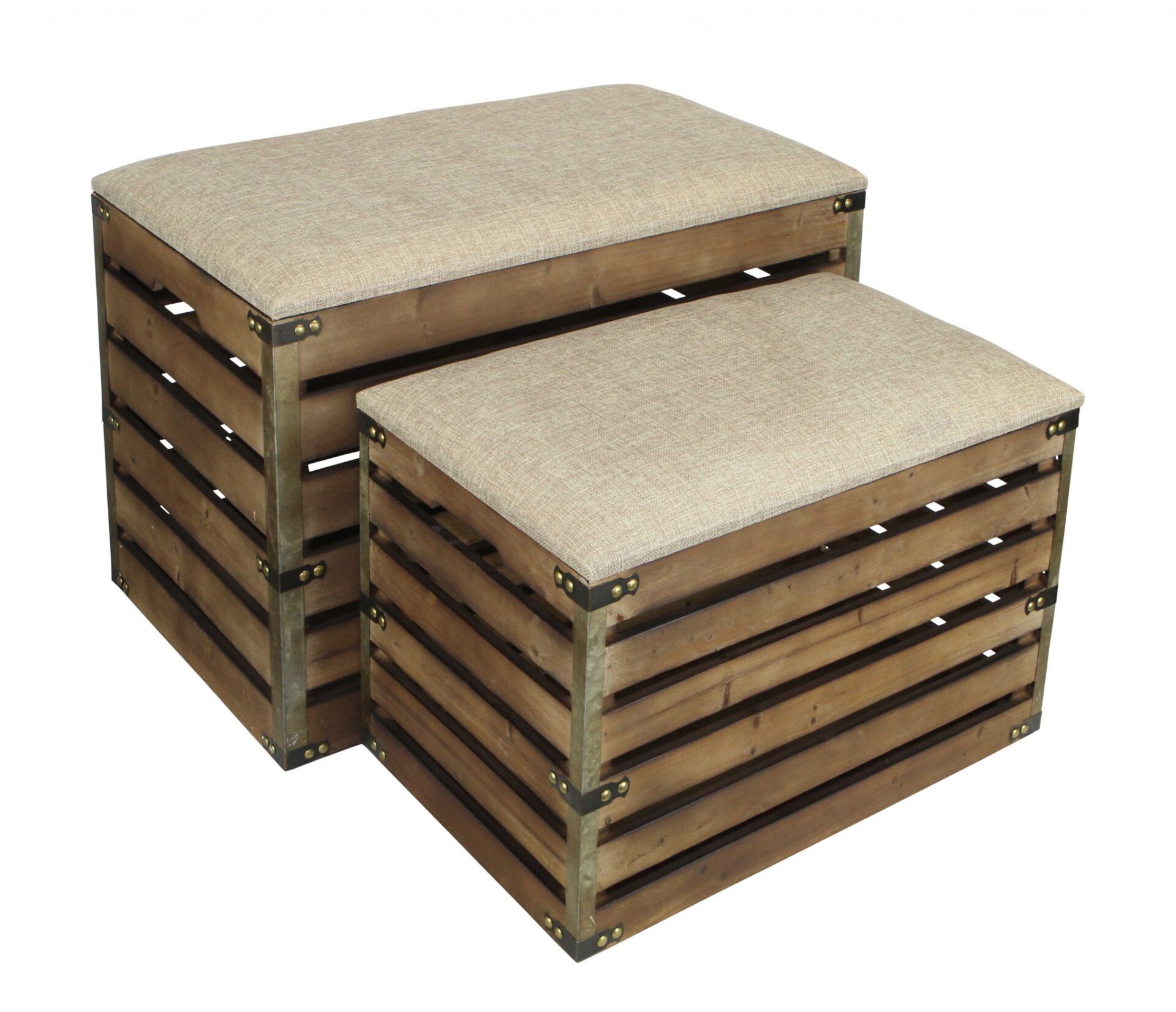 Set of 2 Brown Wood Slat Upholstered Storage Benches 4 Set of 2 Brown Wood Slat Upholstered Storage Benches - Image 4