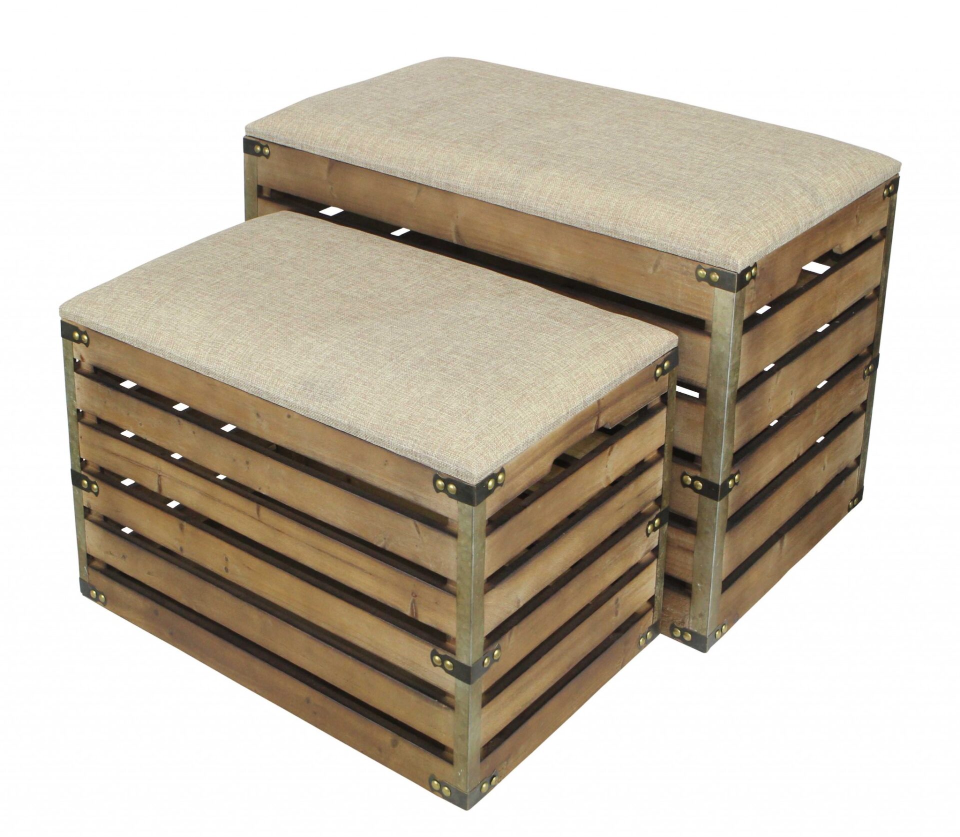 Set of 2 Brown Wood Slat Upholstered Storage Benches 5 Set of 2 Brown Wood Slat Upholstered Storage Benches - Image 5