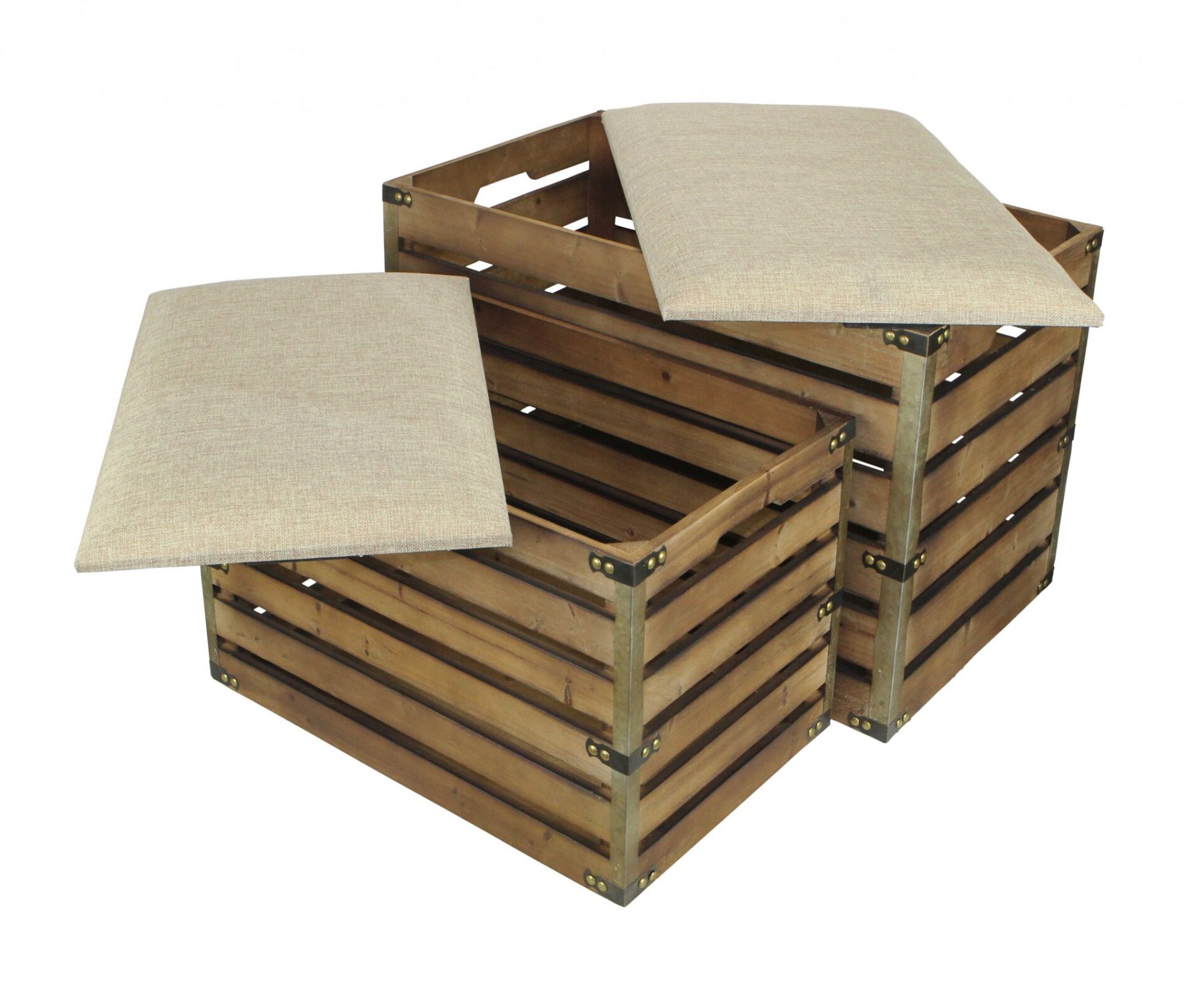 Set of 2 Brown Wood Slat Upholstered Storage Benches 6 Set of 2 Brown Wood Slat Upholstered Storage Benches - Image 6