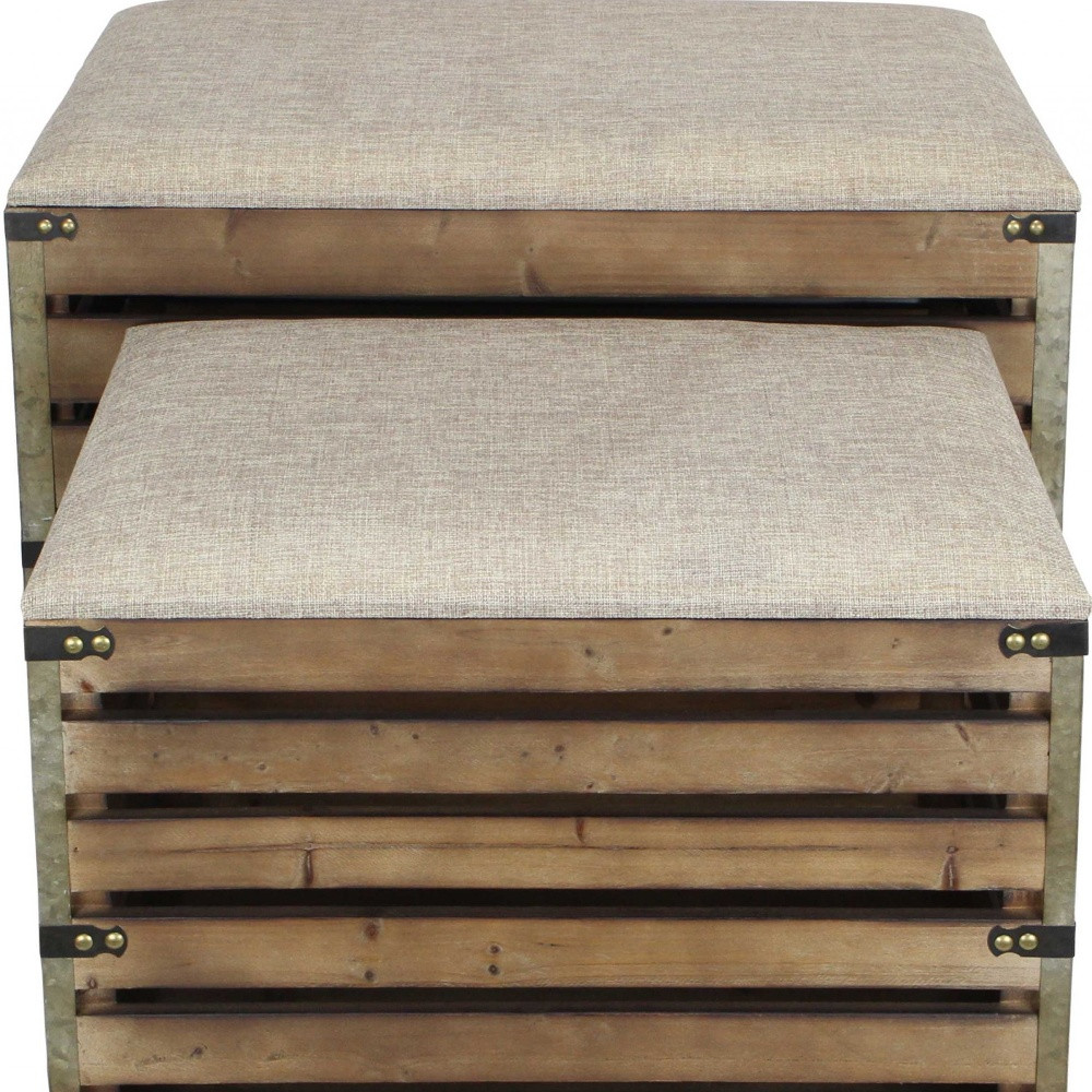 Set of 2 Brown Wood Slat Upholstered Storage Benches 8 Set of 2 Brown Wood Slat Upholstered Storage Benches - Image 8