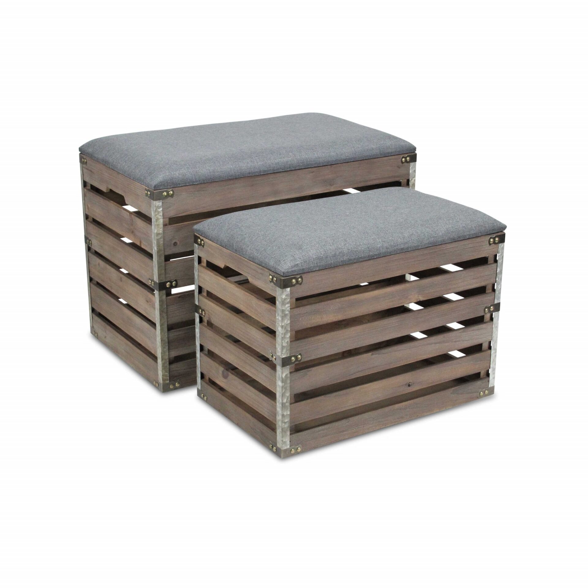 Gray Linen Storage Benches with Wood Slats, Set of 2 1 Gray Linen Storage Benches with Wood Slats, Set of 2