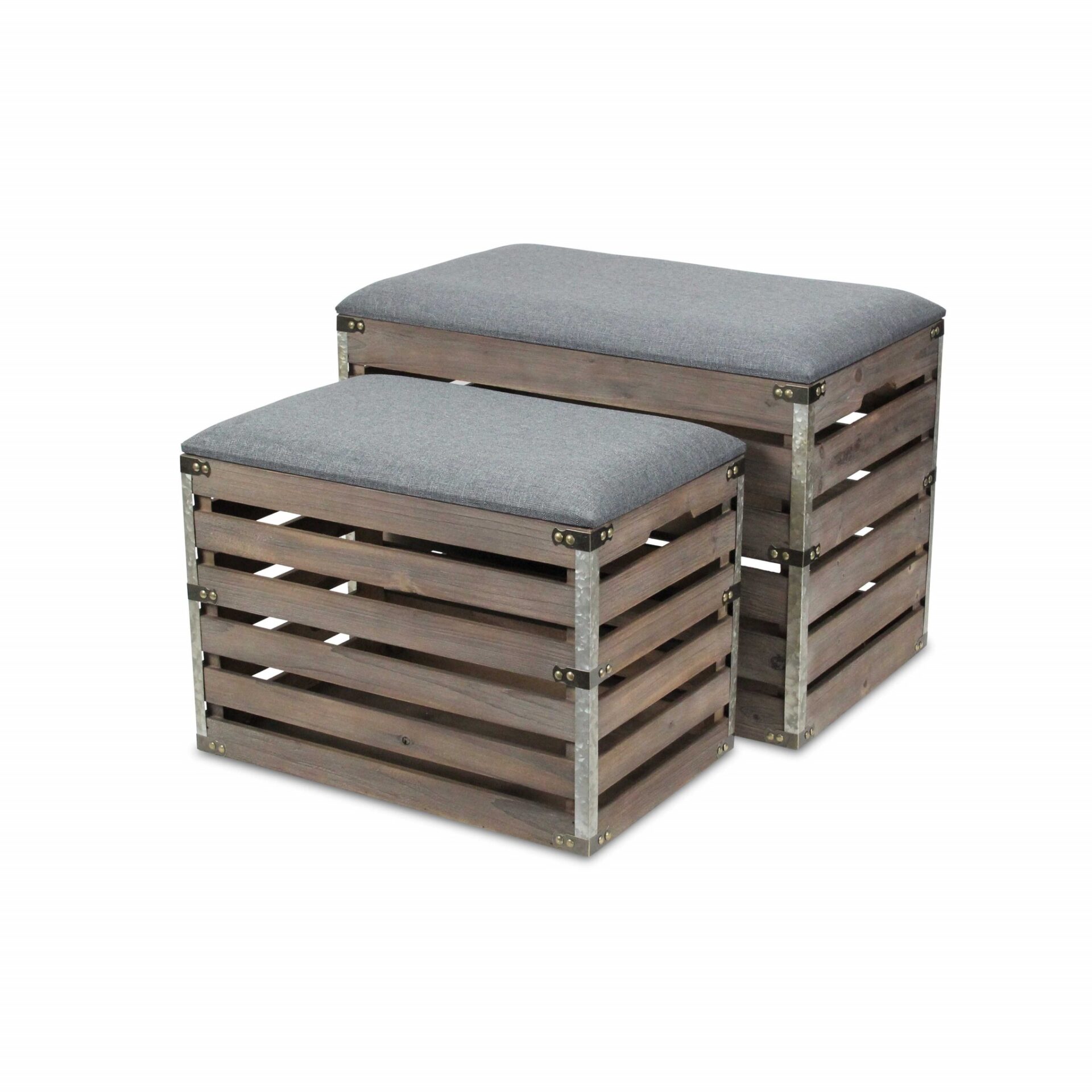 Gray Linen Storage Benches with Wood Slats, Set of 2 3 Gray Linen Storage Benches with Wood Slats, Set of 2 - Image 3
