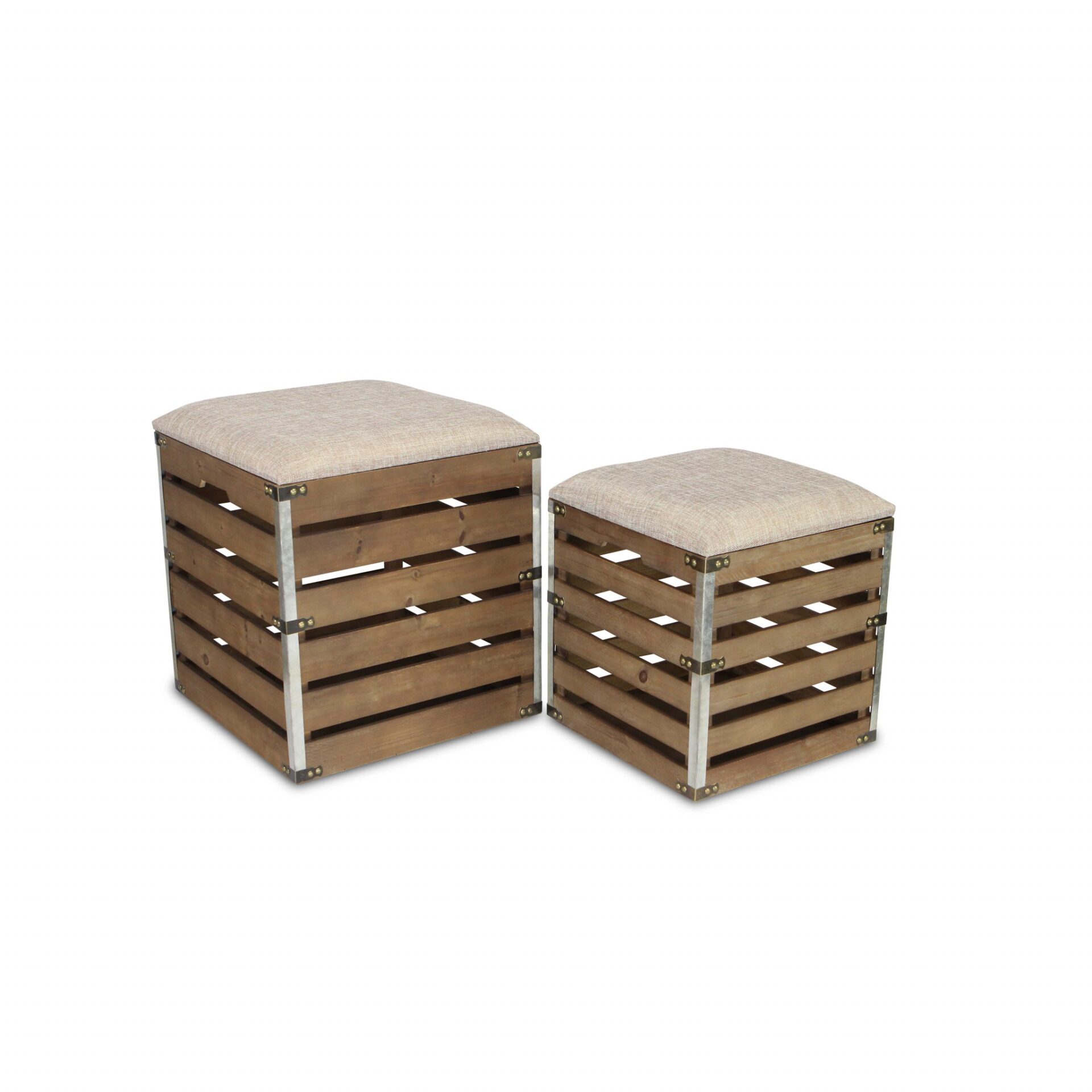 Set of 2 Brown Linen Storage Benches with Wood Slats 1 Set of 2 Brown Linen Storage Benches with Wood Slats