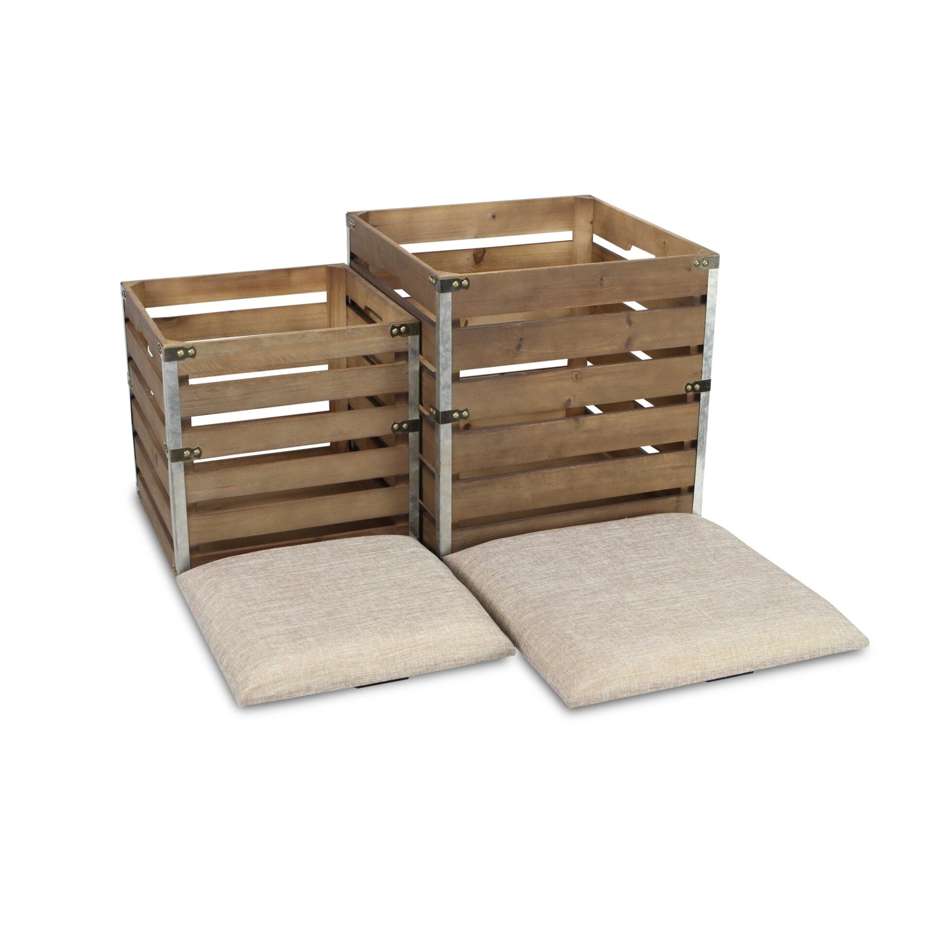 Set of 2 Brown Linen Storage Benches with Wood Slats 5 Set of 2 Brown Linen Storage Benches with Wood Slats - Image 5