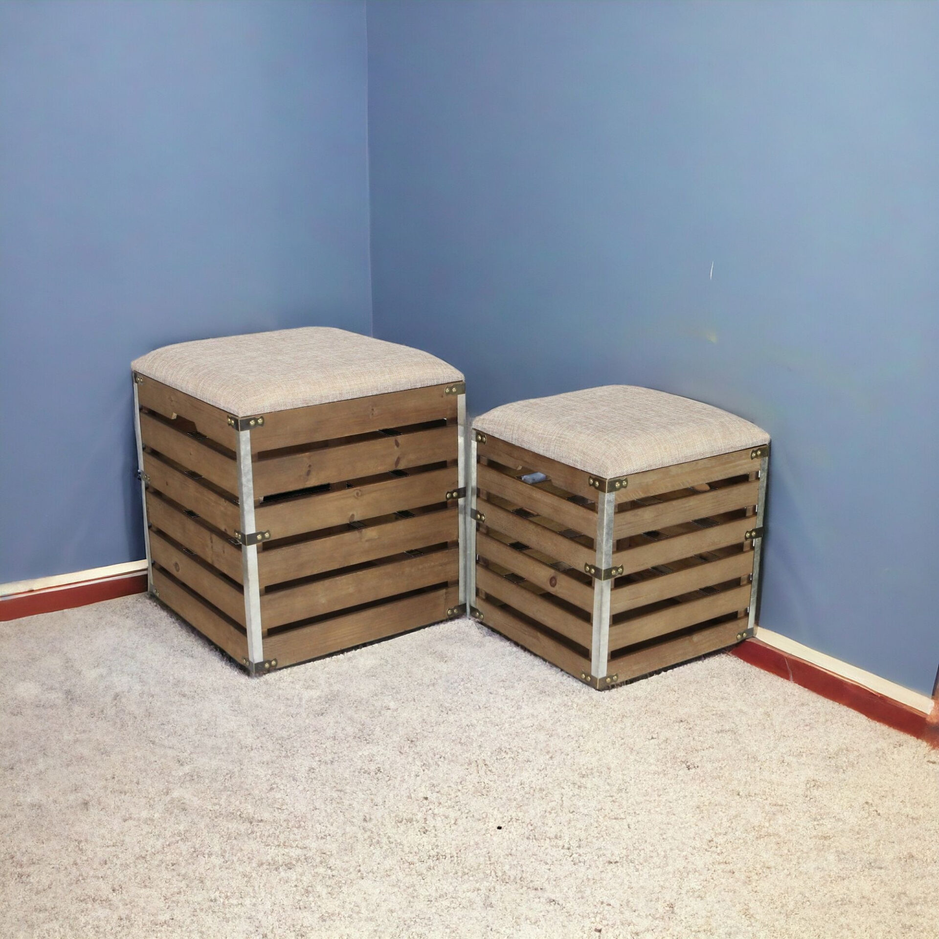 Set of 2 Brown Linen Storage Benches with Wood Slats 2 Set of 2 Brown Linen Storage Benches with Wood Slats - Image 2