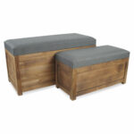 Set of 2 Gray Linen and Wood Storage Benches