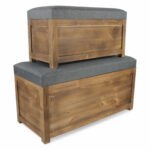 Set of 2 Gray Linen and Wood Storage Benches