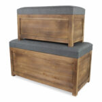 Set of 2 Gray Linen and Wood Storage Benches
