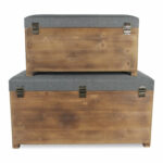 Set of 2 Gray Linen and Wood Storage Benches