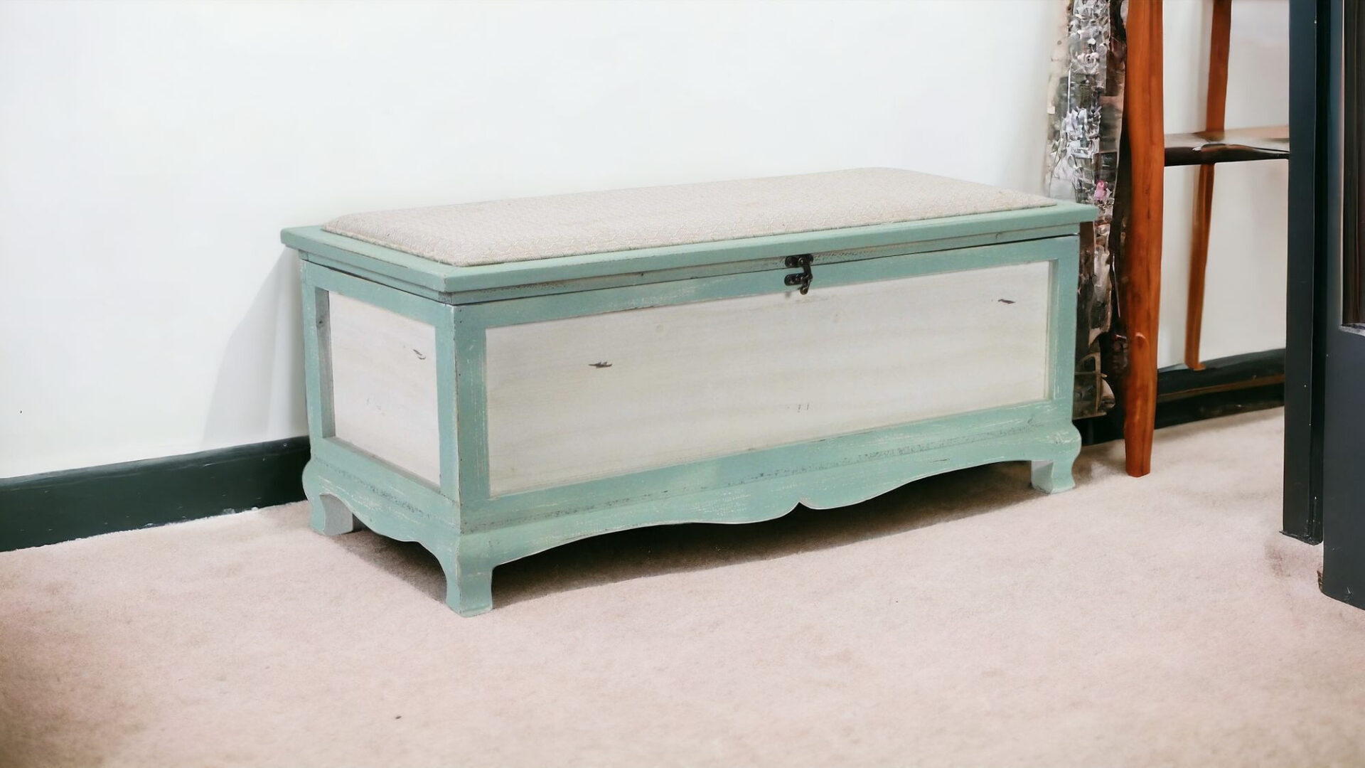 Green Wooden Storage Bench with Cushion and Hinged Lift Lid 3 Green Wooden Storage Bench with Cushion and Hinged Lift Lid - Image 3
