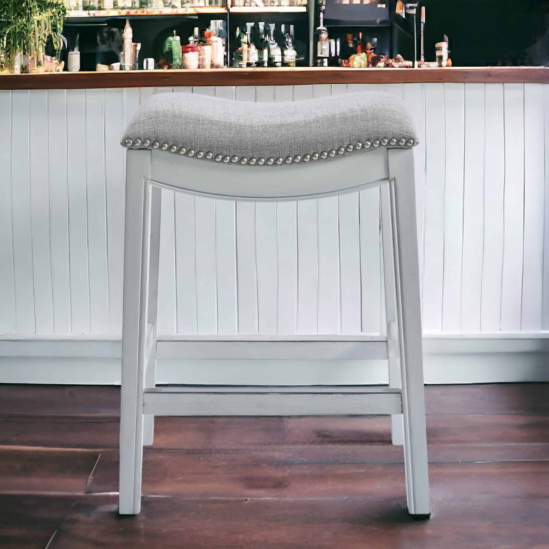 31-Inch Light Gray Upholstered Backless Bar Stool With Nailhead Trim 2 31-Inch Light Gray Upholstered Backless Bar Stool With Nailhead Trim - Image 2
