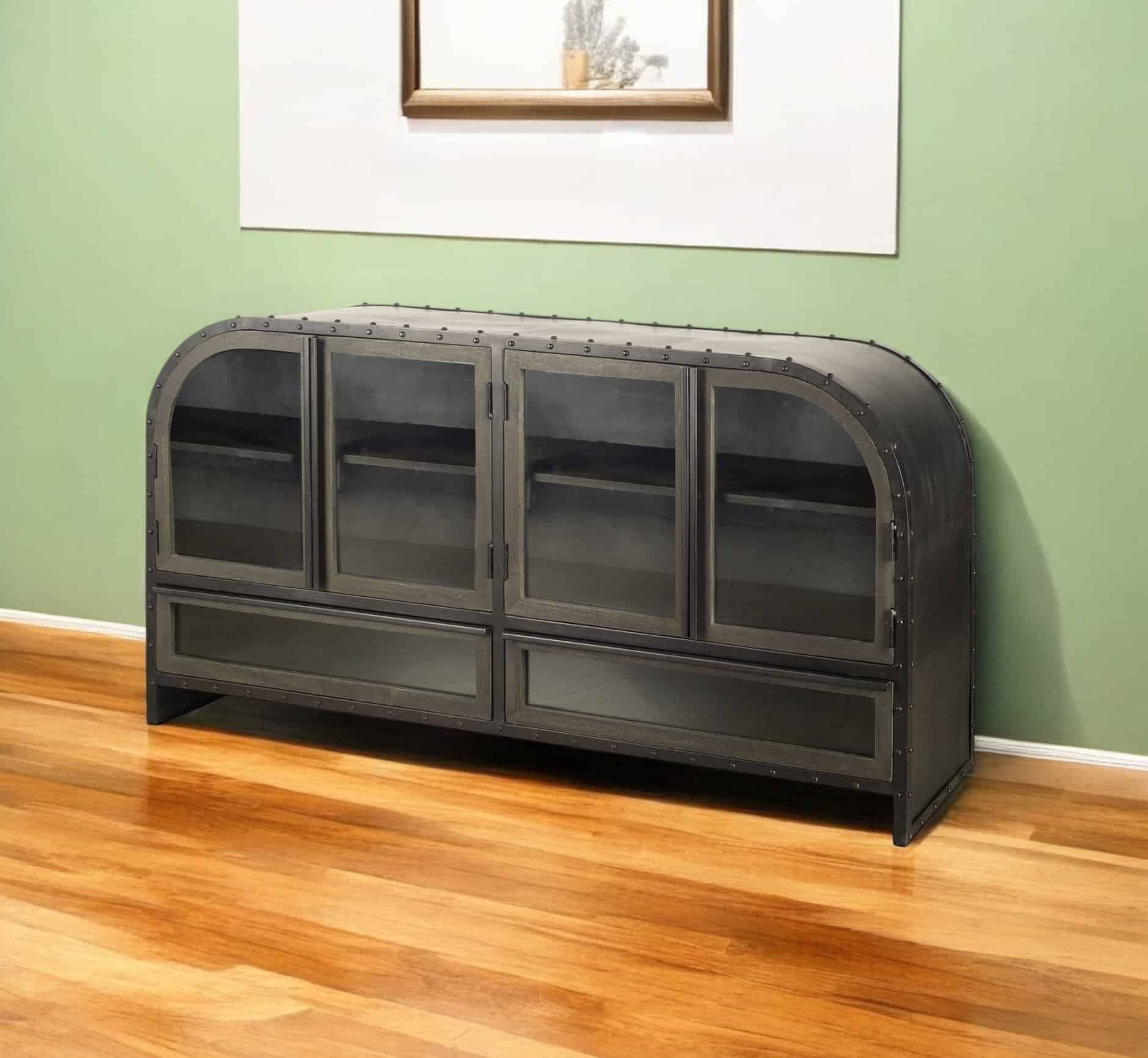 Industrial Dark Brown Sideboard with Glass Doors and Drawers 1 Industrial Dark Brown Sideboard with Glass Doors and Drawers