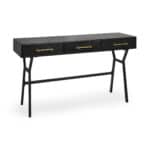 Black Writing Desk With Three Drawers and Gold Accents