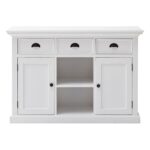 White Farmhouse Accent Cabinet With Drawers and Rattan Baskets