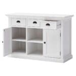 White Farmhouse Accent Cabinet With Drawers and Rattan Baskets