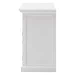 White Farmhouse Accent Cabinet With Drawers and Rattan Baskets