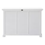 White Farmhouse Accent Cabinet With Drawers and Rattan Baskets