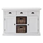 White Farmhouse Accent Cabinet With Drawers and Rattan Baskets