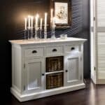 White Farmhouse Accent Cabinet With Drawers and Rattan Baskets