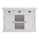 White Farmhouse Accent Cabinet With Drawers and Rattan Baskets