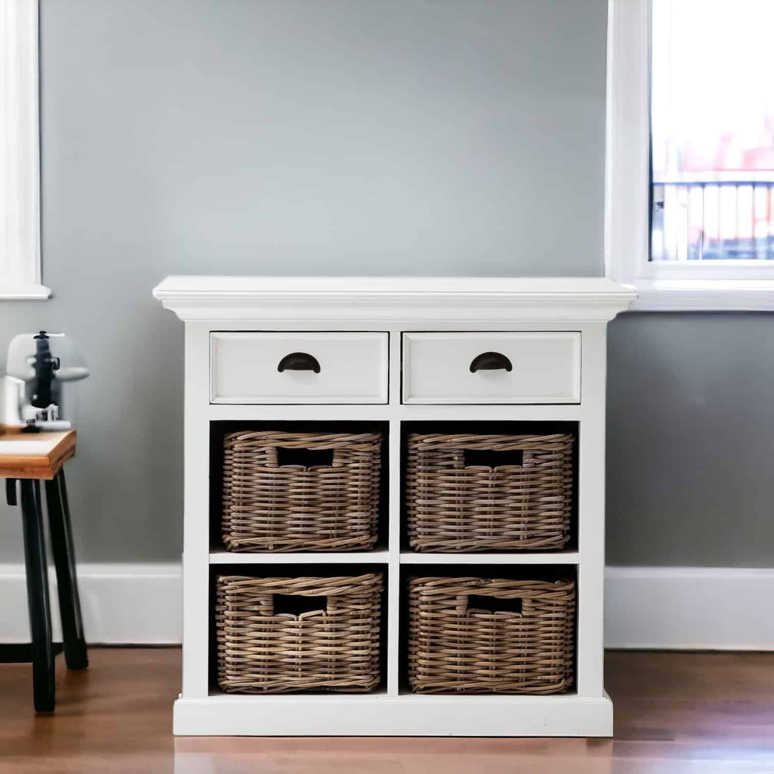 Coastal White Sideboard with Drawers and Rattan Baskets (Set of 1) 5 Coastal White Sideboard with Drawers and Rattan Baskets (Set of 1) - Image 5