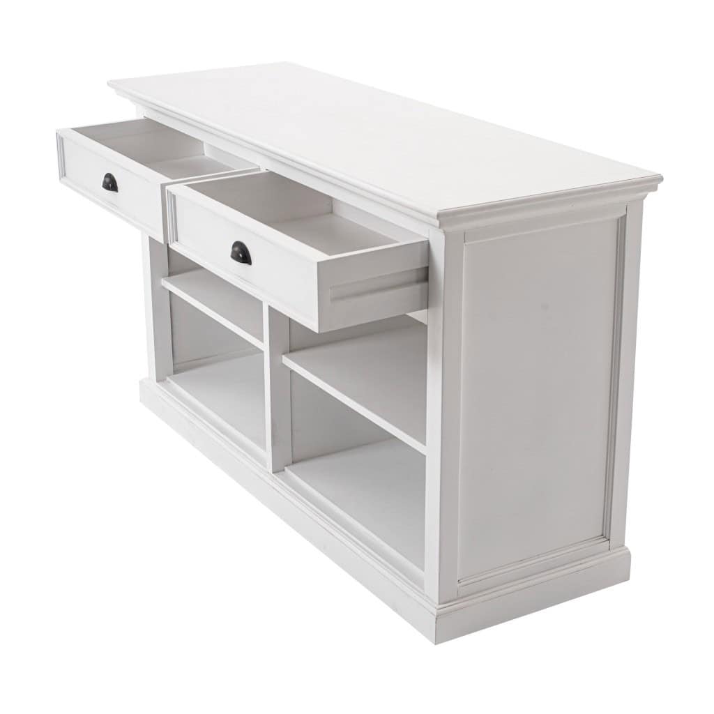 White Wood Buffet Table with Drawers and Open Storage 4 White Wood Buffet Table with Drawers and Open Storage - Image 4