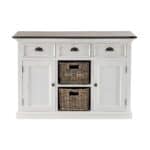 Farmhouse Brown and White Accent Cabinet with Rattan Baskets