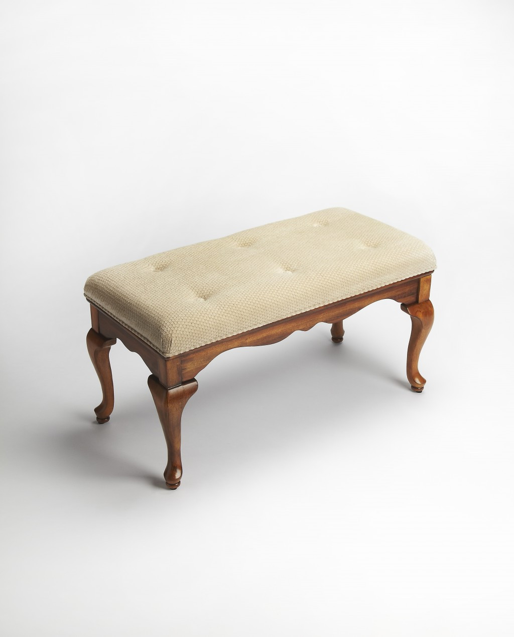 Traditional Olive Brown Bench with Cream Tufted Upholstered Seat 3 Traditional Olive Brown Bench with Cream Tufted Upholstered Seat - Image 3