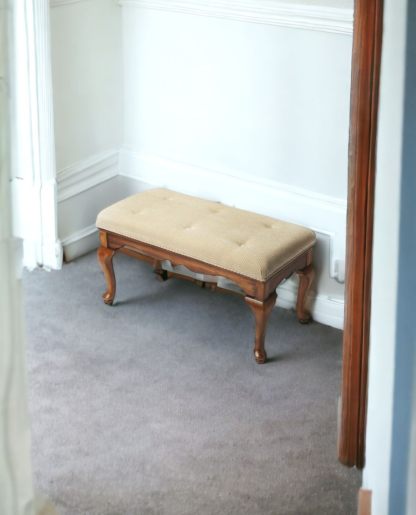 Traditional Olive Brown Bench with Cream Tufted Upholstered Seat 2 Traditional Olive Brown Bench with Cream Tufted Upholstered Seat - Image 2