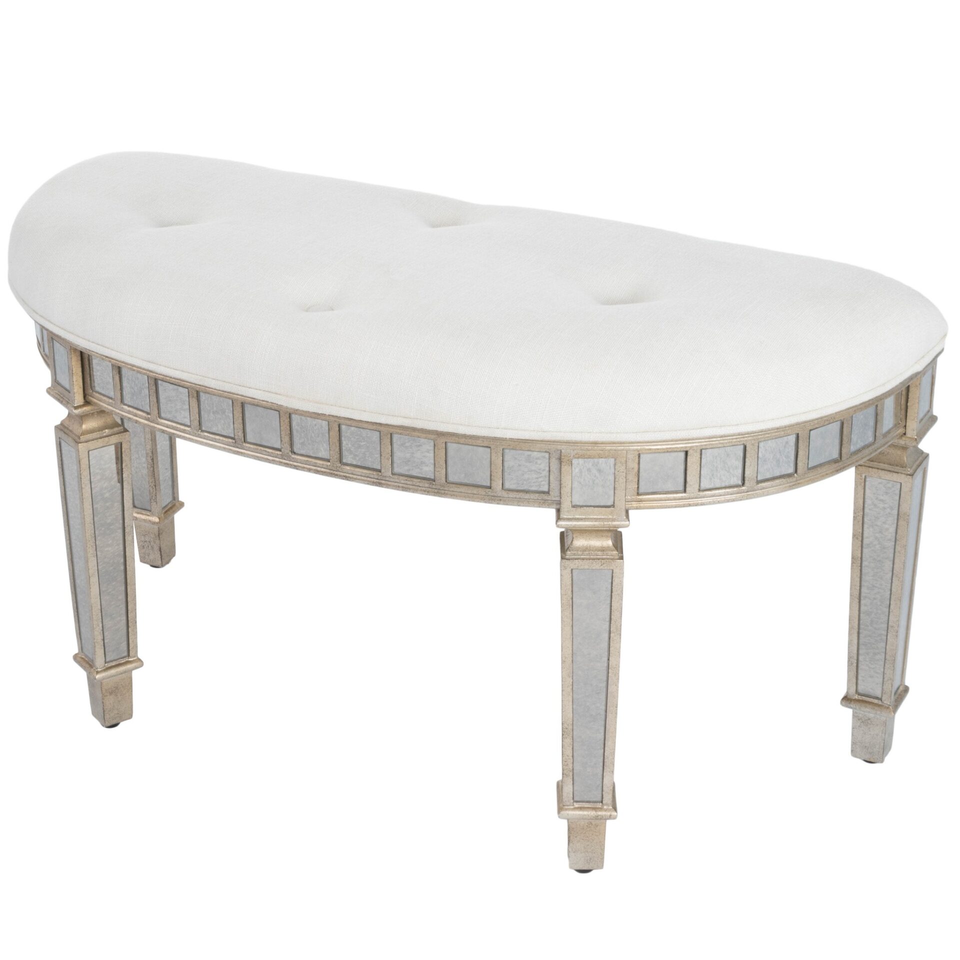 Mirrored Crescent Bench with Tufted Upholstery and Antiqued Accents 1 Mirrored Crescent Bench with Tufted Upholstery and Antiqued Accents
