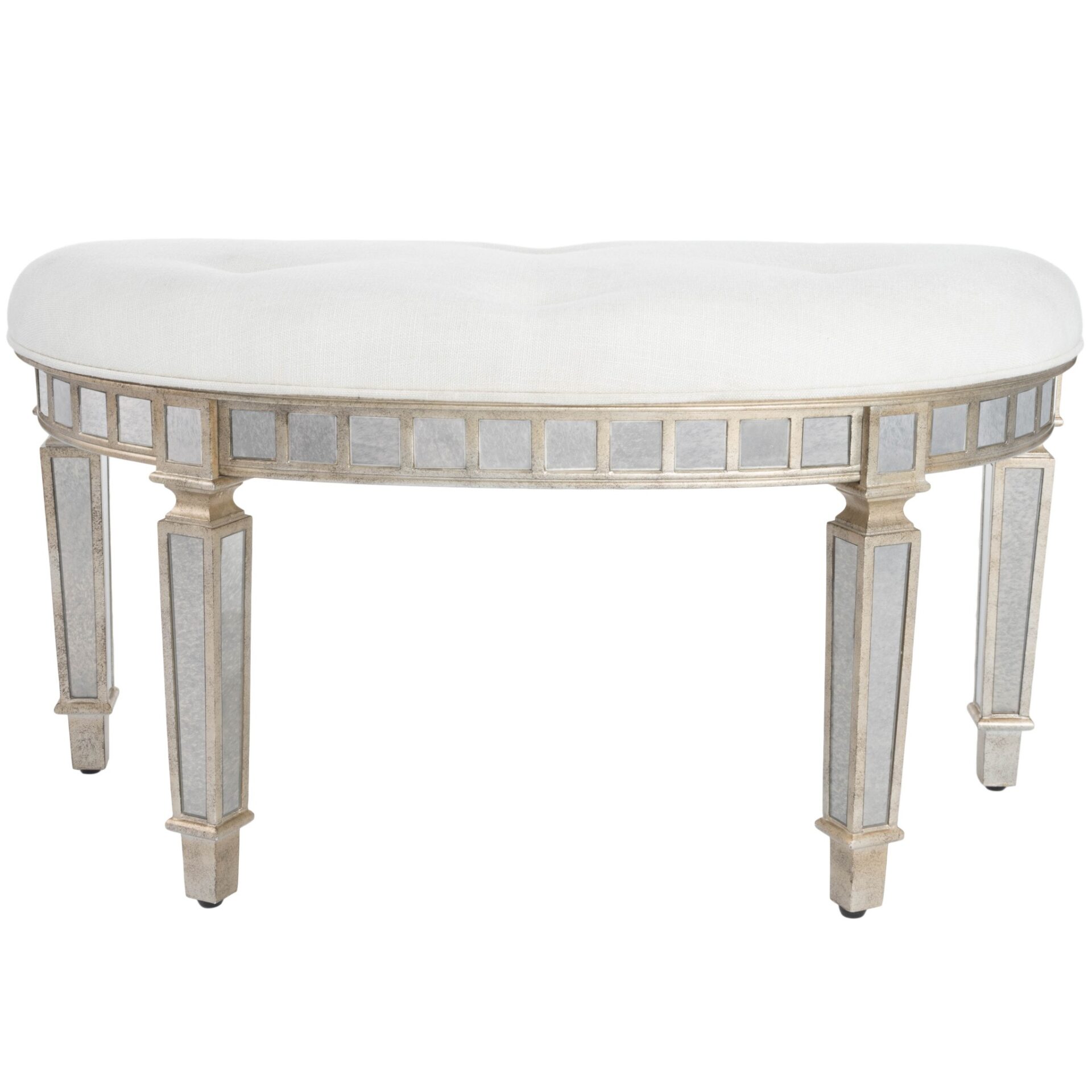 Mirrored Crescent Bench with Tufted Upholstery and Antiqued Accents 3 Mirrored Crescent Bench with Tufted Upholstery and Antiqued Accents - Image 3