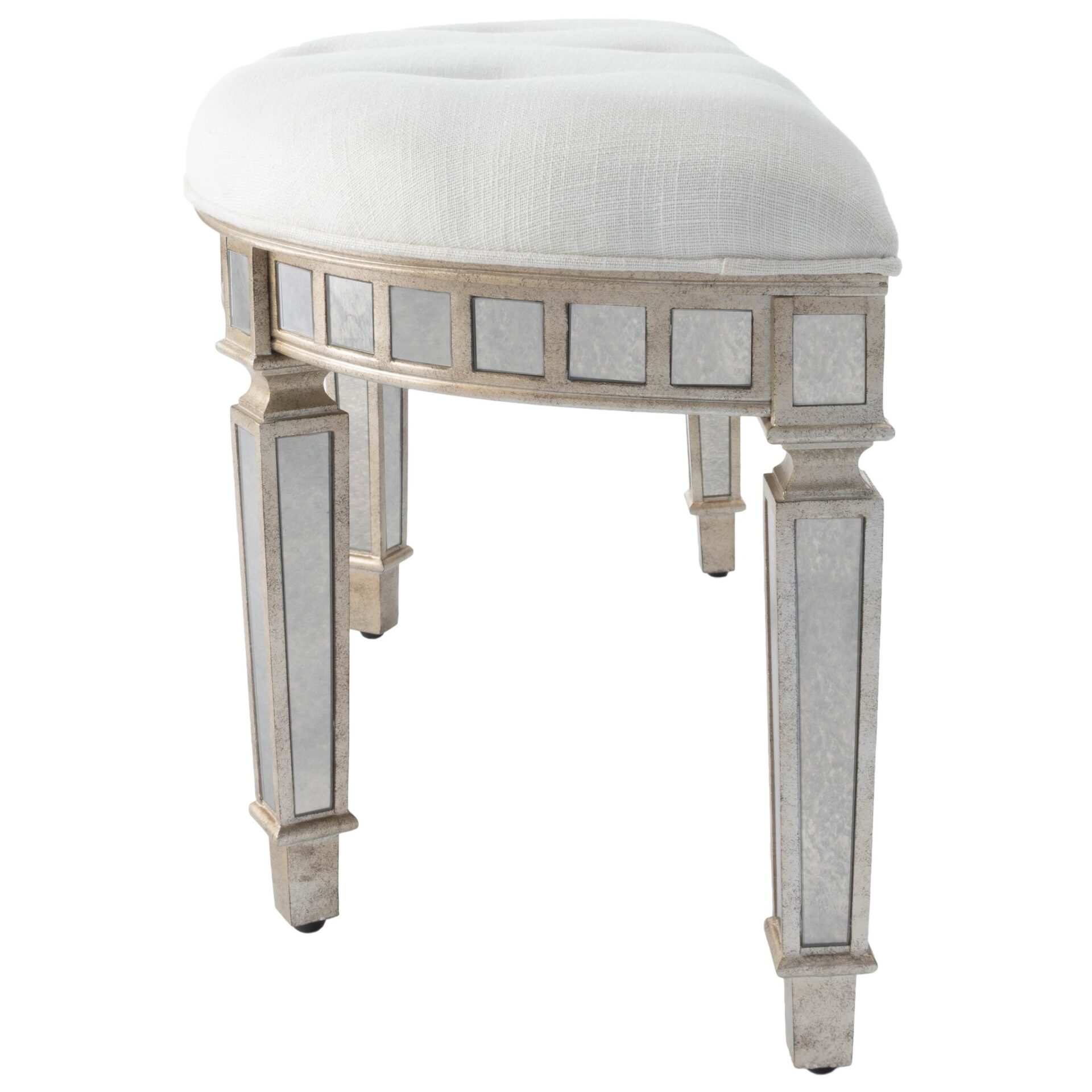 Mirrored Crescent Bench with Tufted Upholstery and Antiqued Accents 4 Mirrored Crescent Bench with Tufted Upholstery and Antiqued Accents - Image 4