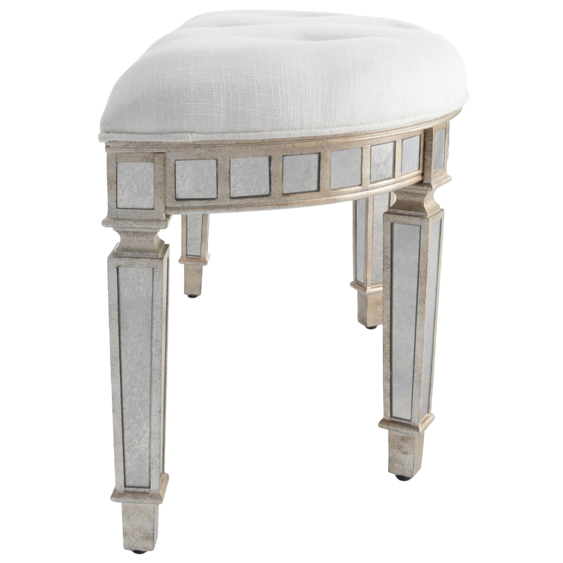 Mirrored Crescent Bench with Tufted Upholstery and Antiqued Accents 6 Mirrored Crescent Bench with Tufted Upholstery and Antiqued Accents - Image 6
