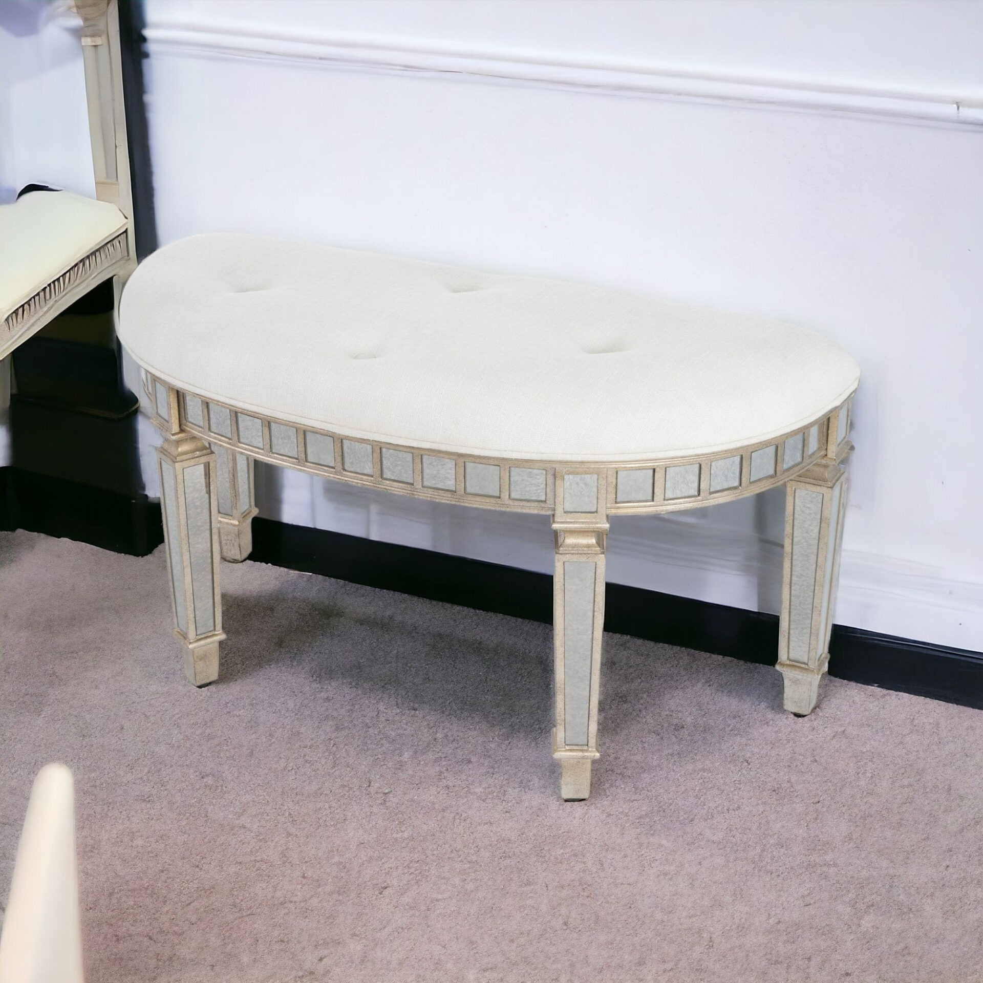 Mirrored Crescent Bench with Tufted Upholstery and Antiqued Accents 2 Mirrored Crescent Bench with Tufted Upholstery and Antiqued Accents - Image 2