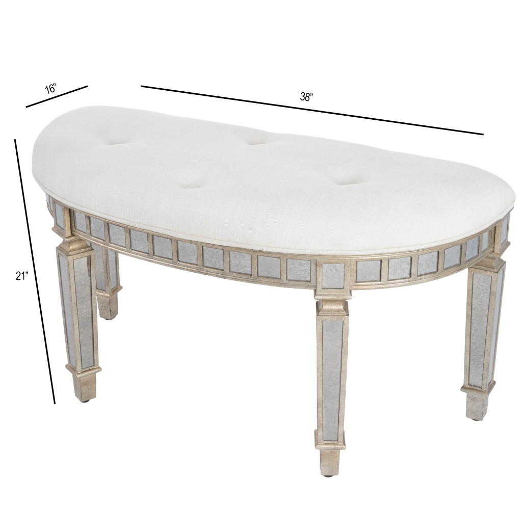 Mirrored Crescent Bench with Tufted Upholstery and Antiqued Accents 8 Mirrored Crescent Bench with Tufted Upholstery and Antiqued Accents - Image 8