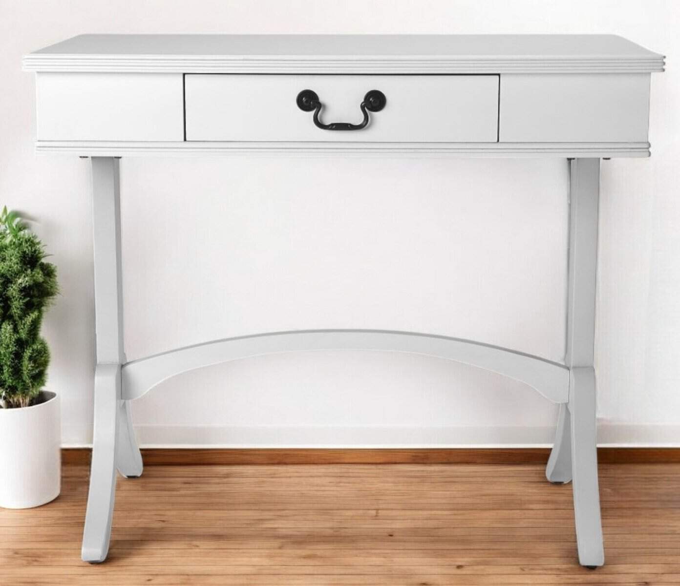 White Acacia Pinewood Writing Desk with Drawer and Brass Handle 1 White Acacia Pinewood Writing Desk with Drawer and Brass Handle