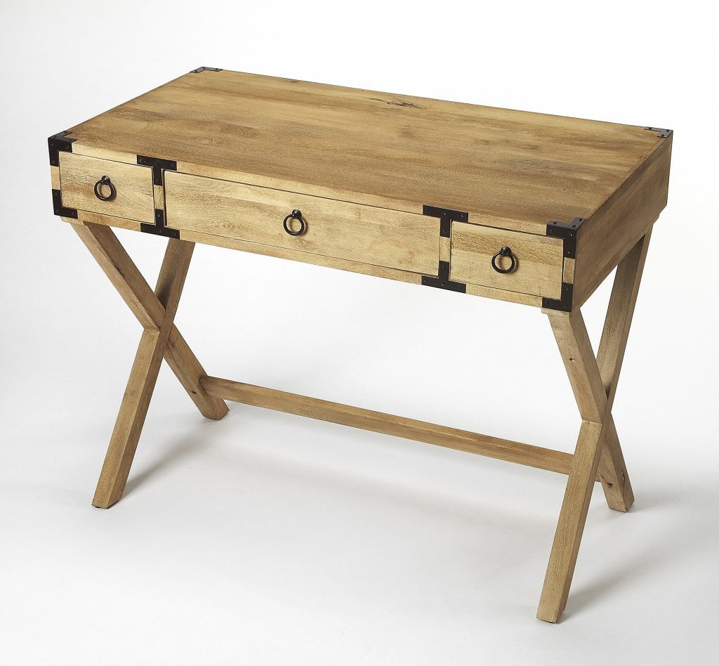 Mango Wood Writing Desk with Bronze Accents and Crossed Legs 1 Mango Wood Writing Desk with Bronze Accents and Crossed Legs