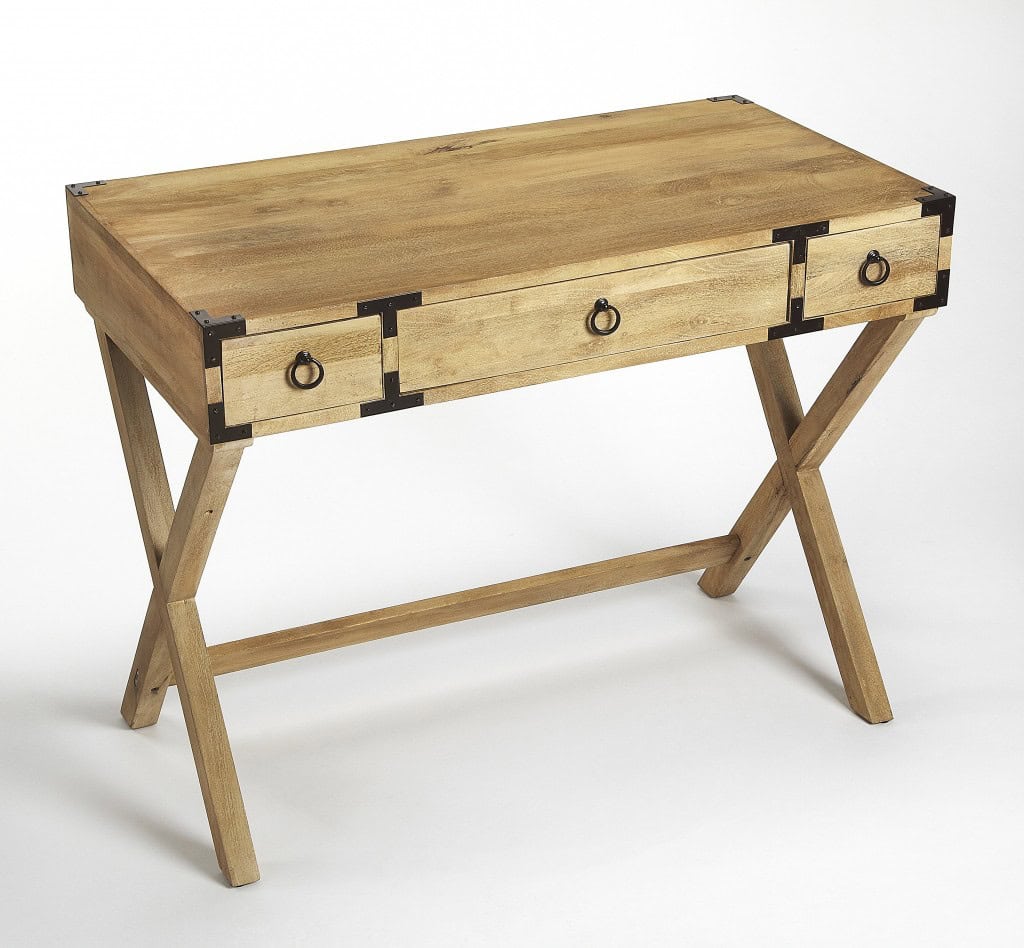 Mango Wood Writing Desk with Bronze Accents and Crossed Legs 2 Mango Wood Writing Desk with Bronze Accents and Crossed Legs - Image 2