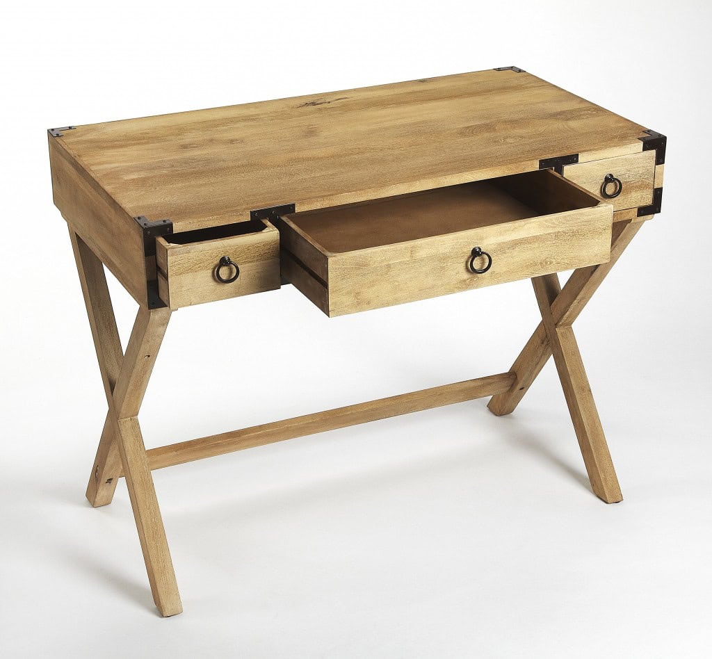 Mango Wood Writing Desk with Bronze Accents and Crossed Legs 3 Mango Wood Writing Desk with Bronze Accents and Crossed Legs - Image 3