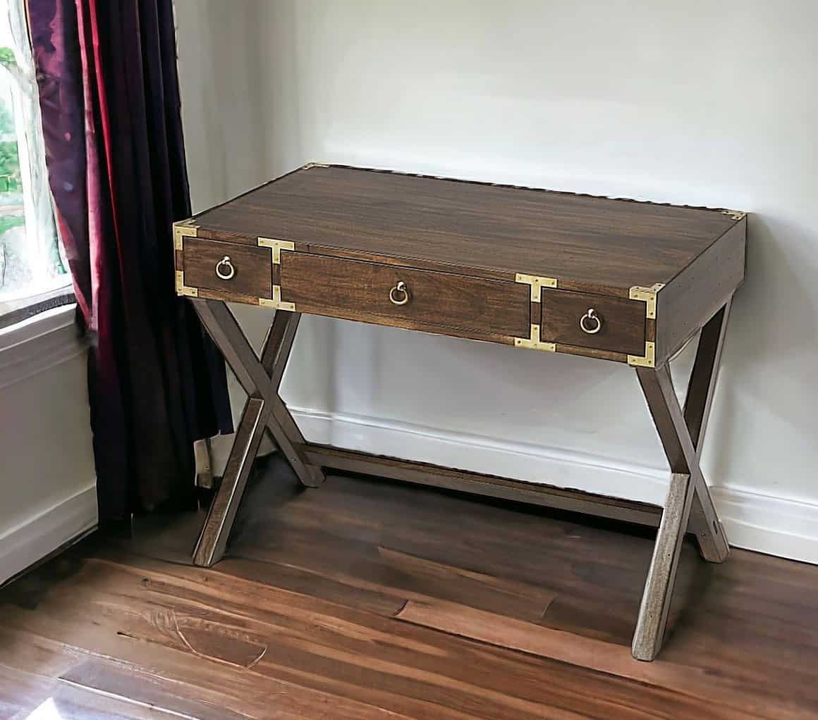 Dark Brown Mango Wood Writing Desk With Three Drawers 1 Dark Brown Mango Wood Writing Desk With Three Drawers