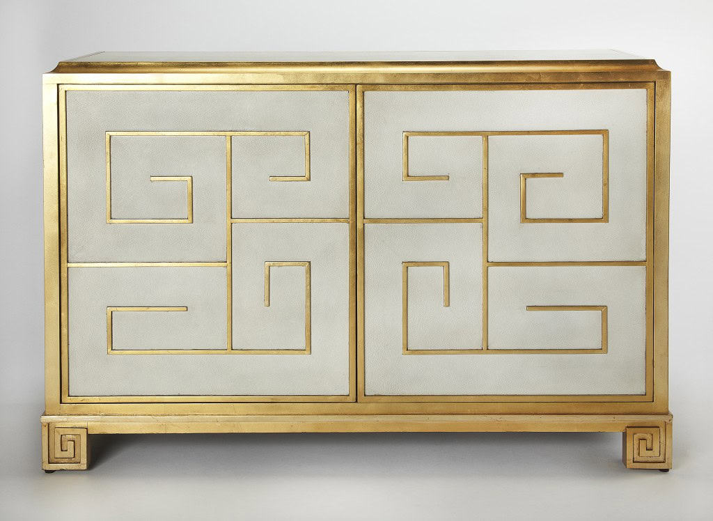 Gold Greek Key White Leather Console Cabinet 7 Gold Greek Key White Leather Console Cabinet - Image 7