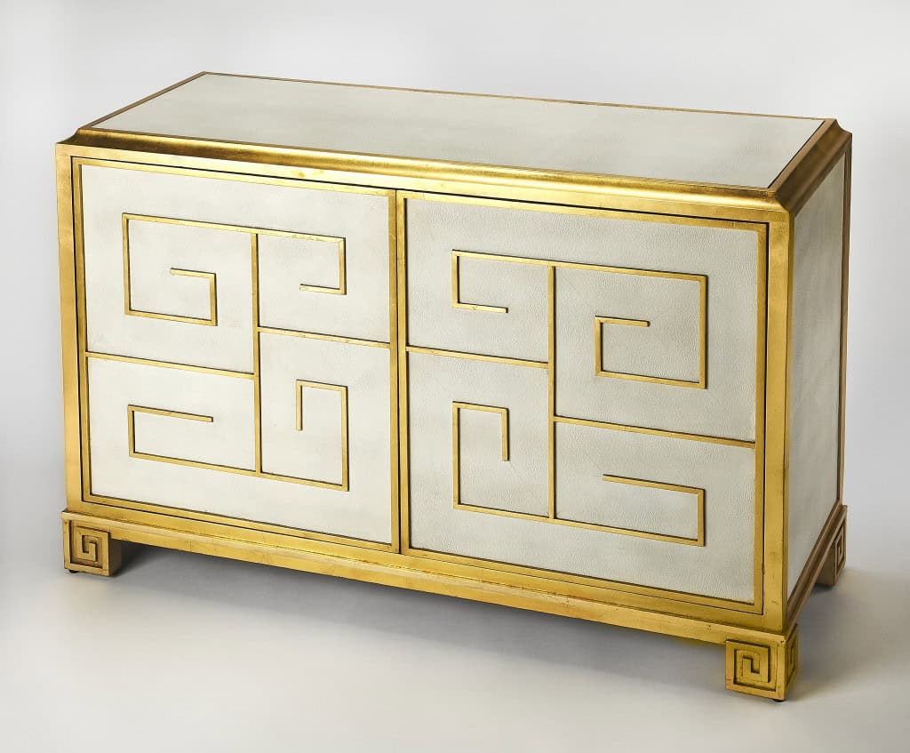 Gold Greek Key White Leather Console Cabinet 4 Gold Greek Key White Leather Console Cabinet - Image 4