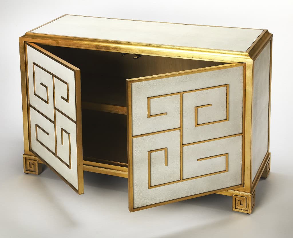 Gold Greek Key White Leather Console Cabinet 5 Gold Greek Key White Leather Console Cabinet - Image 5
