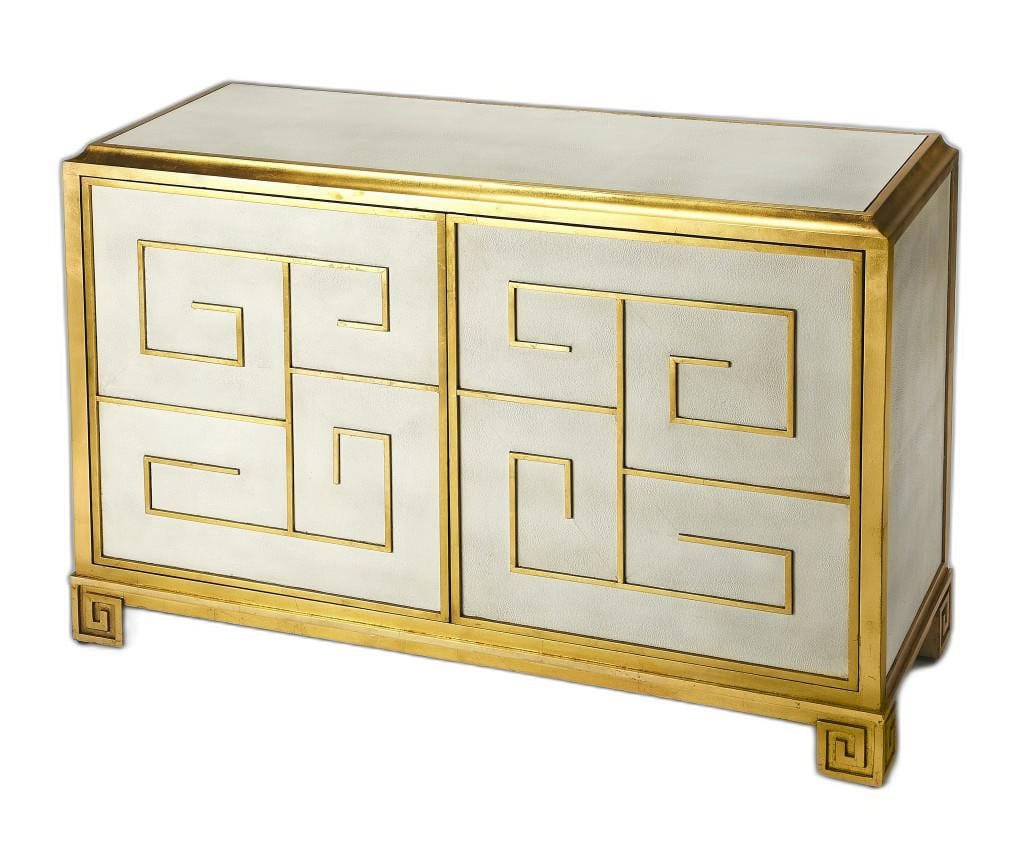 Gold Greek Key White Leather Console Cabinet 1 Gold Greek Key White Leather Console Cabinet