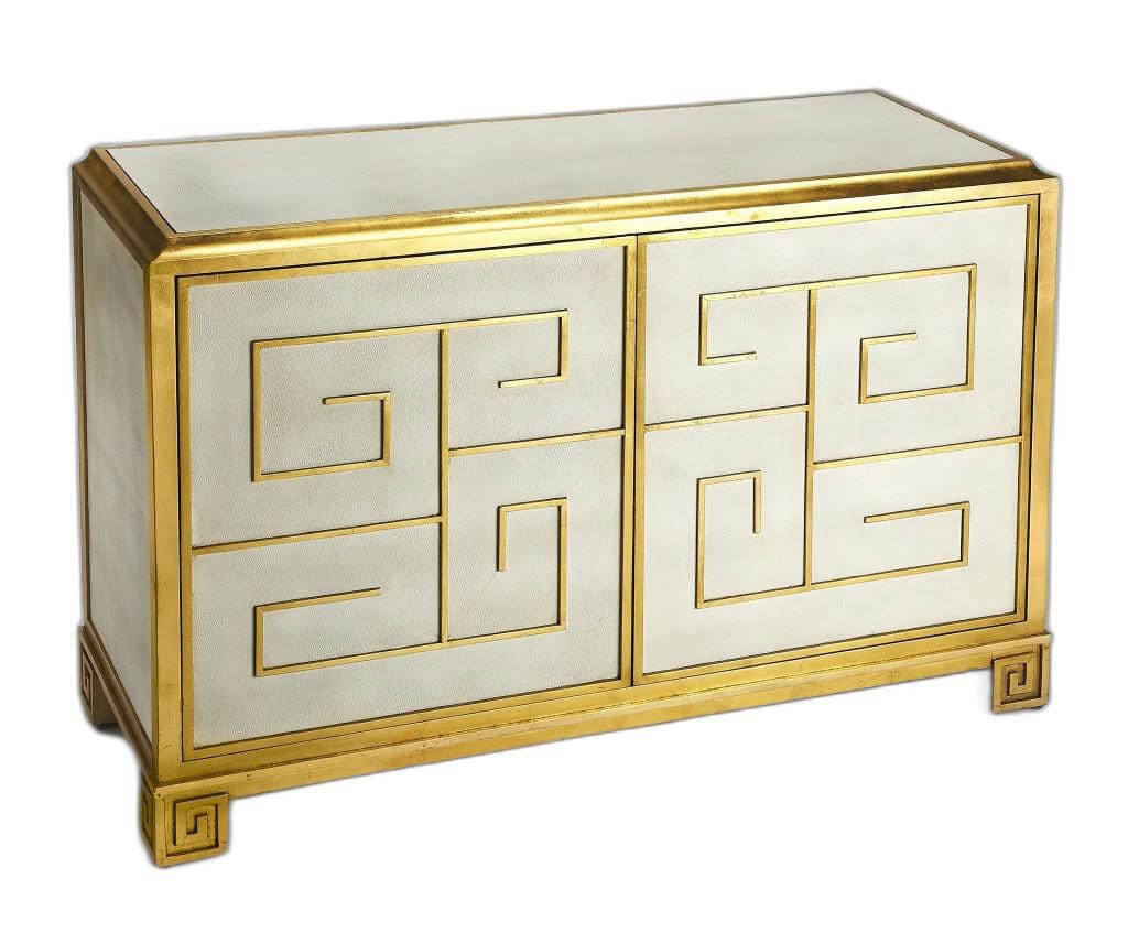 Gold Greek Key White Leather Console Cabinet 3 Gold Greek Key White Leather Console Cabinet - Image 3