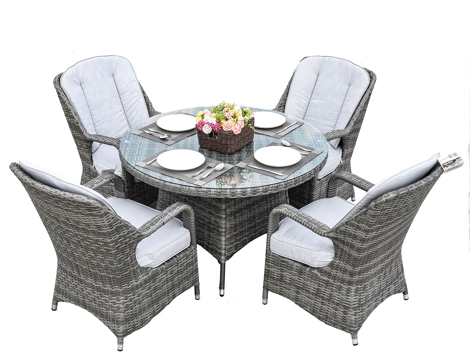 Gray Round Glass Dining Set with Sideboard, Five-Piece 1 Gray Round Glass Dining Set with Sideboard, Five-Piece